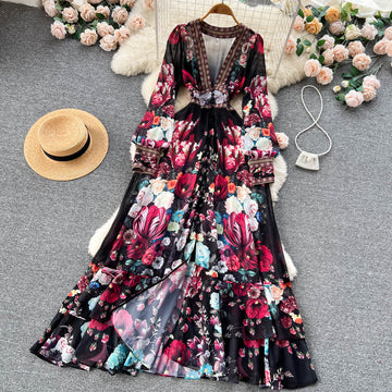 A line Long Sleeves Black Floral Holiday Dresses Women's Dress SD1283